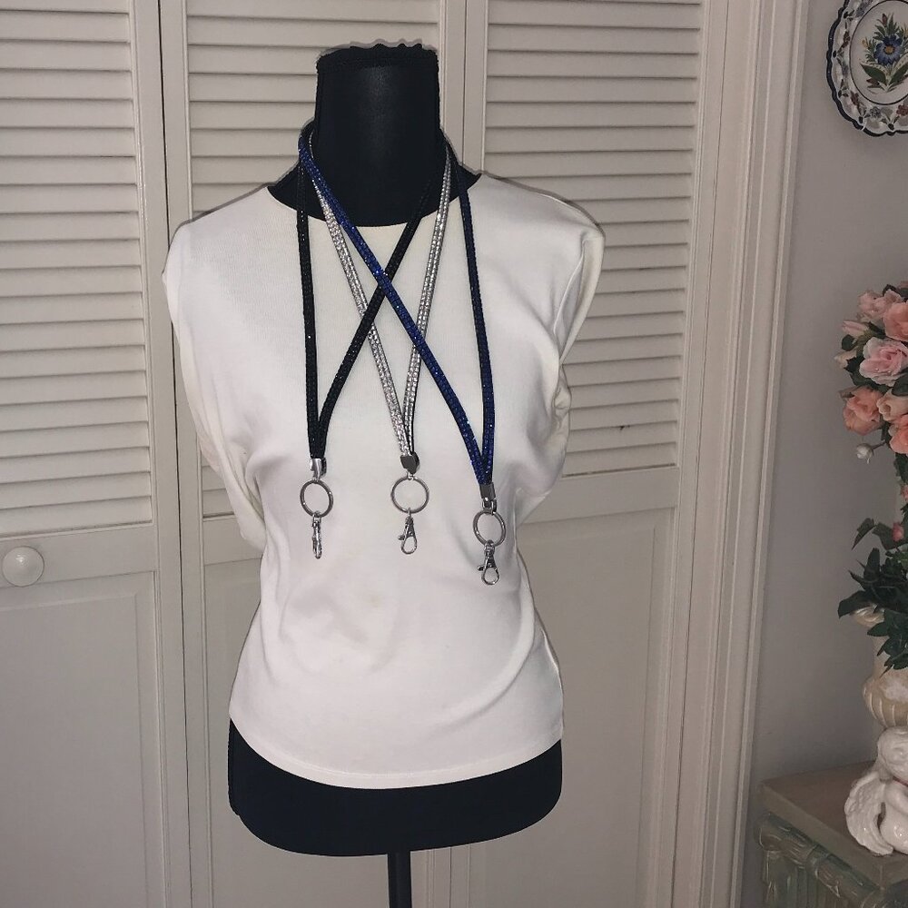 💎 3-Pack Rhinestone Lanyard Bundle — Silver, Blue & Black Sparkle – NWOT